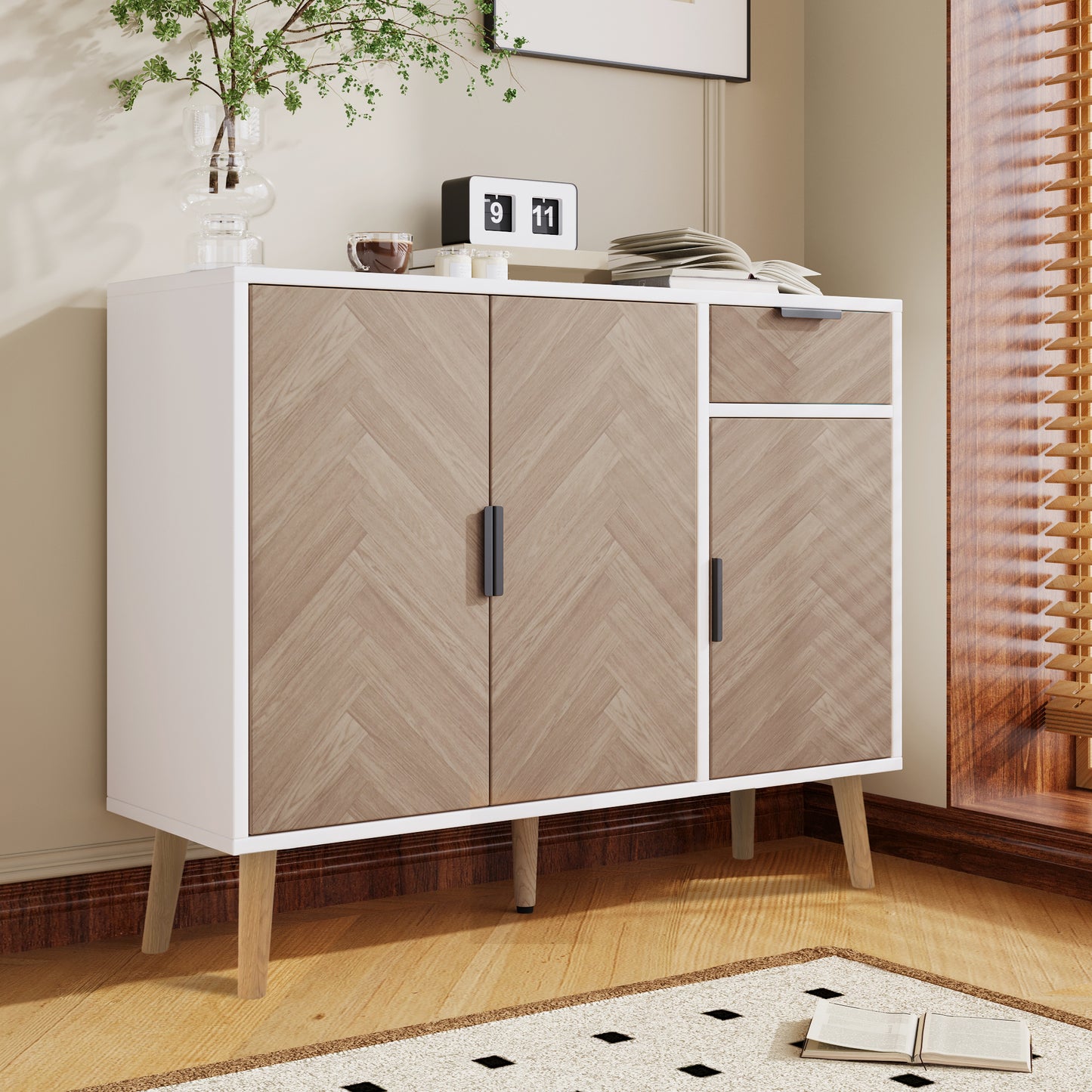 Ashbury Chevron Storage Cabinet, 35.5", White with Wooden Doors