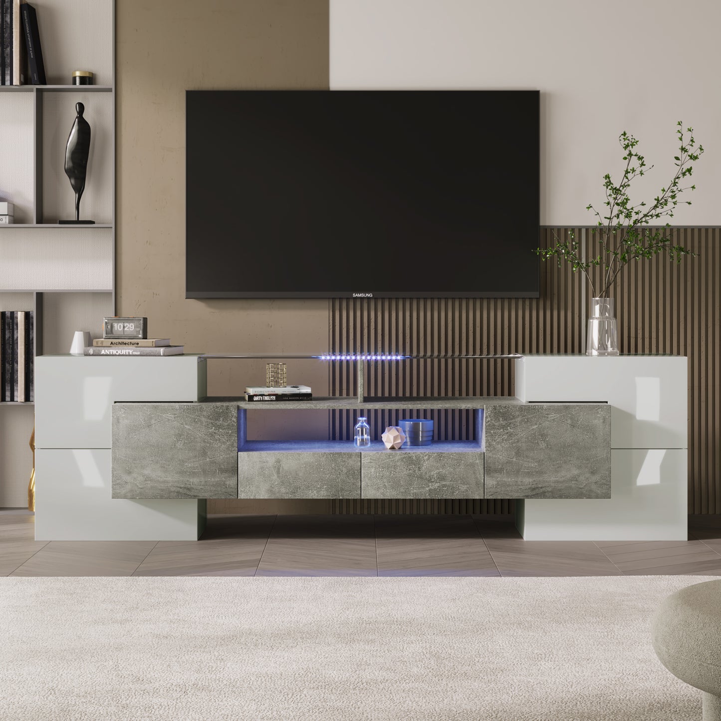 Yorkton TV Stand High-Gloss Modern with LED Lights, 78.7", White and Gray Concrete