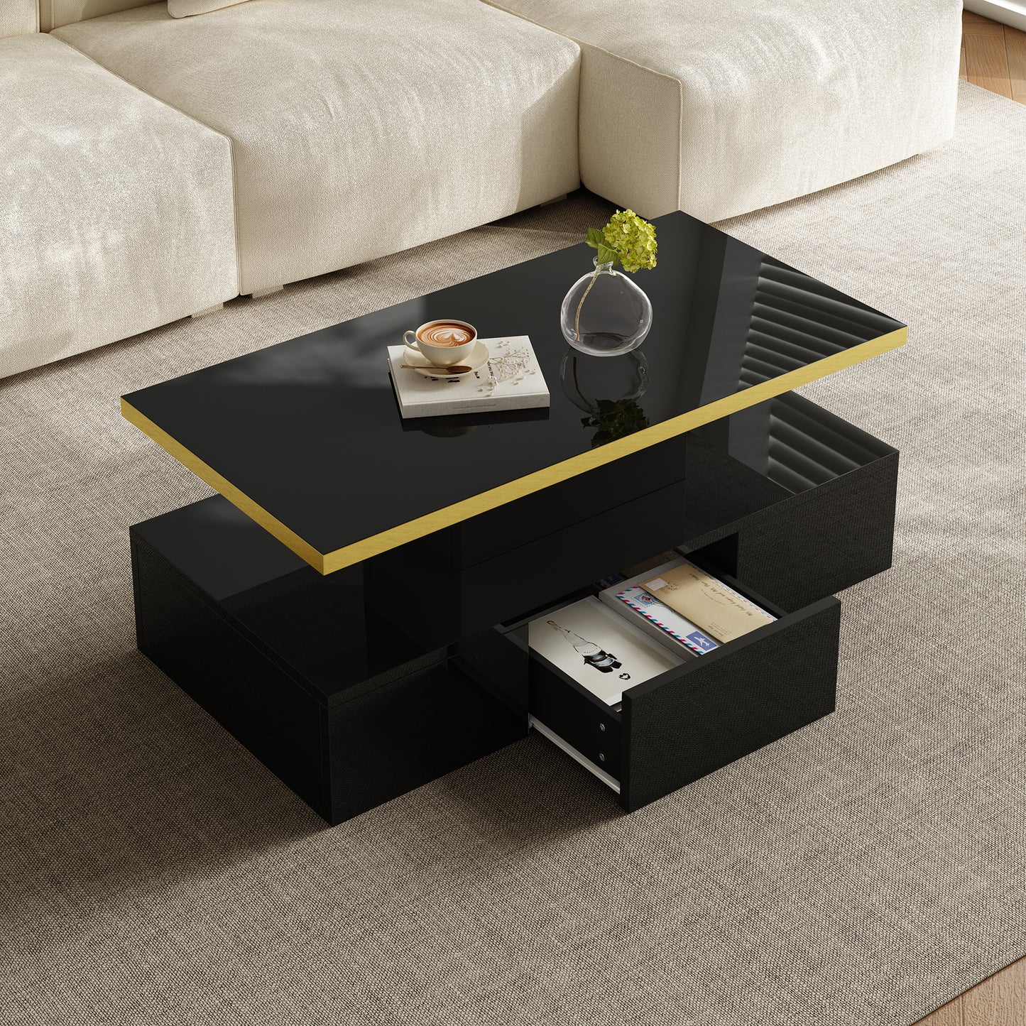 Nova High-Gloss Coffee Table with LED Lighting and Storage, Black