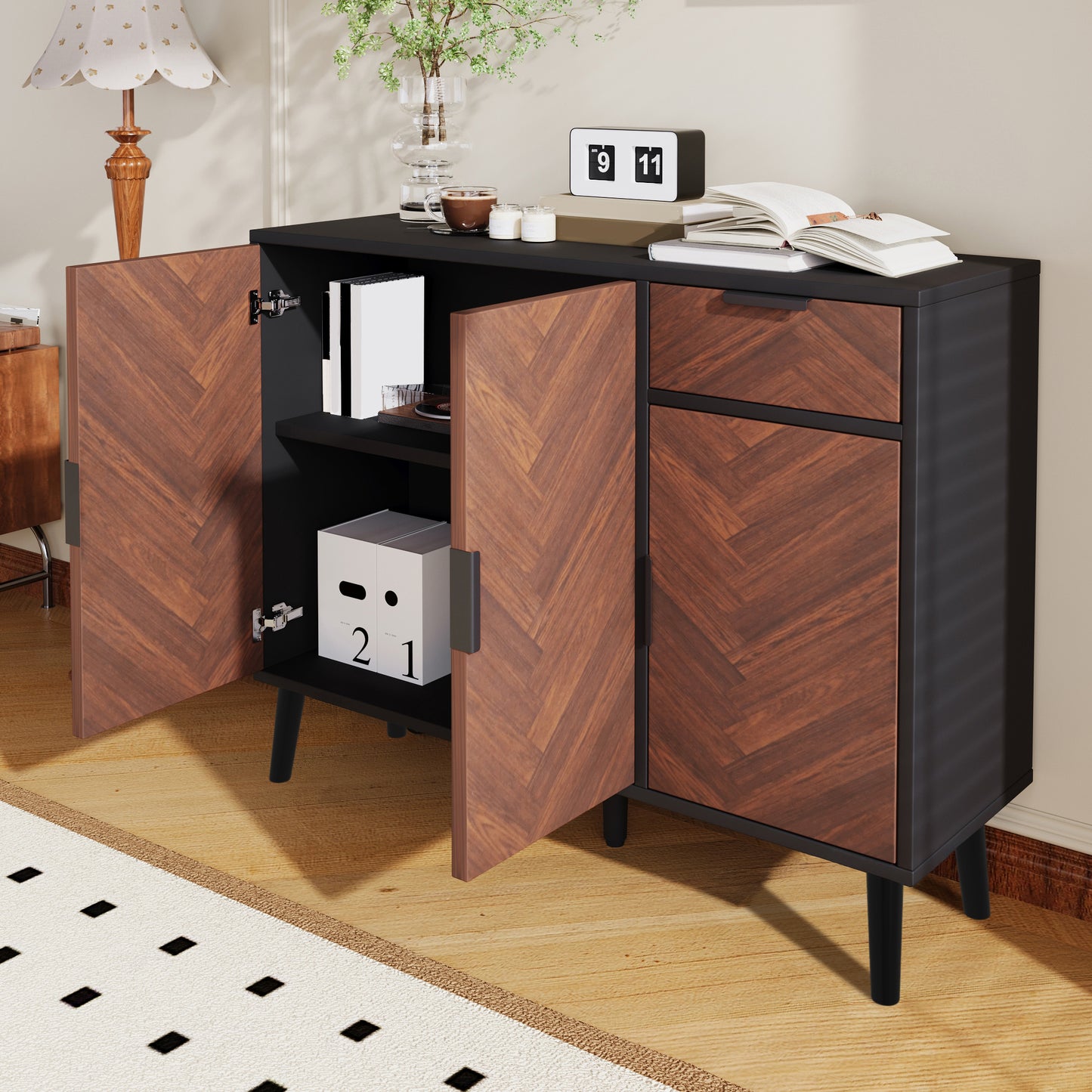 Ashbury Chevron Storage Cabinet, 35.5", Black with Wooden Doors