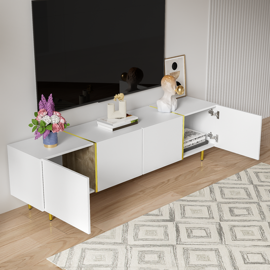 Goldridge Lacquered White TV Stand with Storage, 67", White and Gold Accent