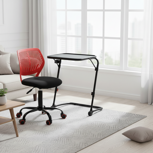 Baseline Foldable Tray Table & Carnation Swivel Chair Set, Red with Black Corduroy