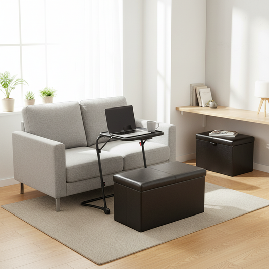 Baseline Black Folding Tray Table with Eli Faux Leather Storage Ottomans, 2-Piece Small-Space Living Bundle, Black