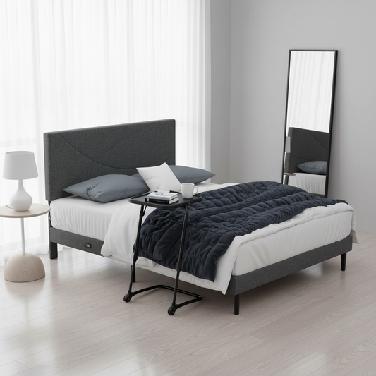 Foothill Upholstered Bed and Baseline Black Folding Tray Table, 2-Piece Bedroom Comfort Bundle, Queen Size, Grey