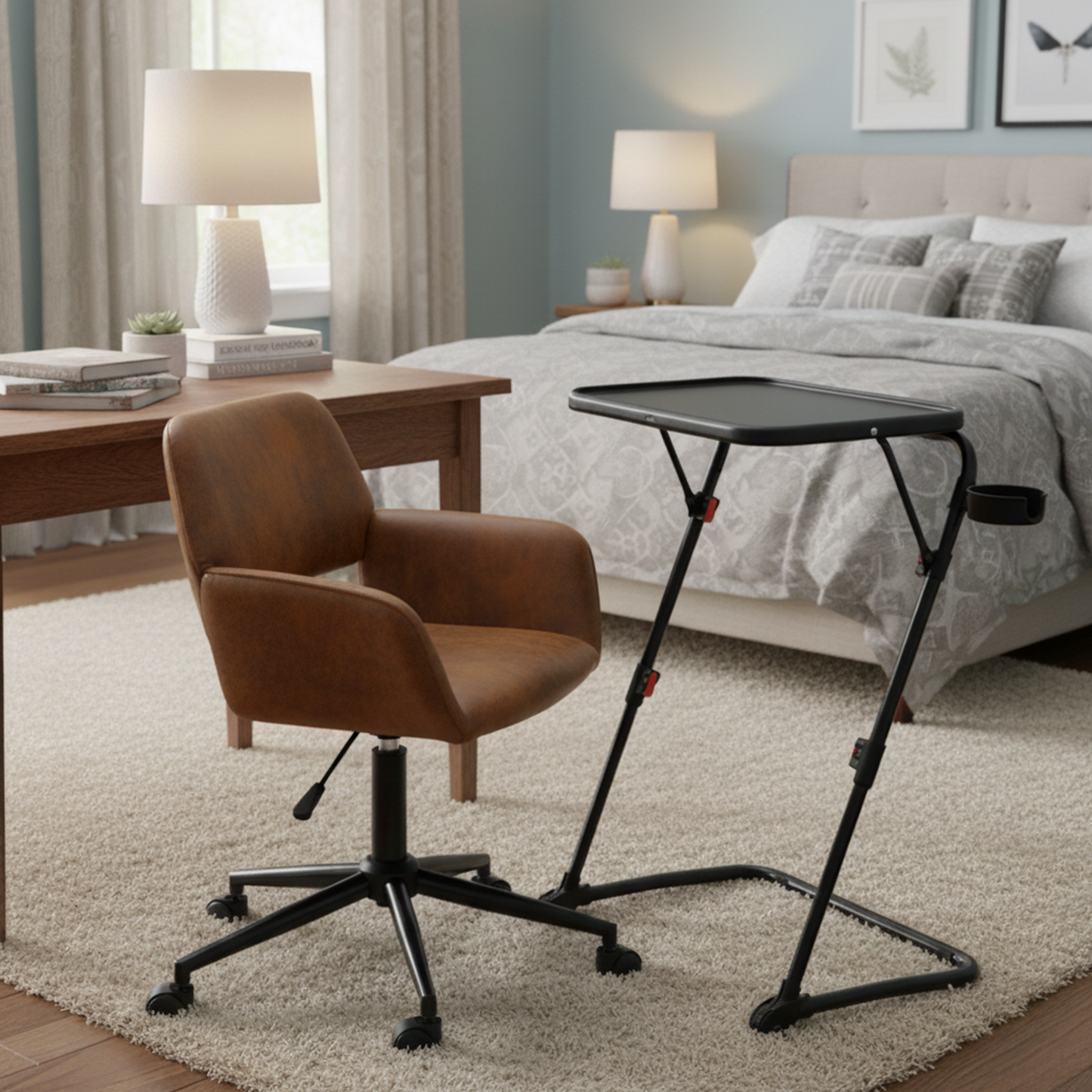 Baseline Black Folding Tray Table with Ross Swivel Task Chair Set, Faux Suede Brown