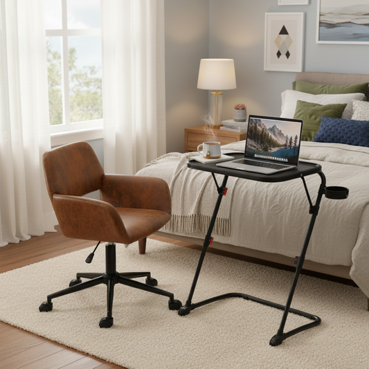 Baseline Black Folding Tray Table with Ross Swivel Task Chair Set, Faux Suede Brown