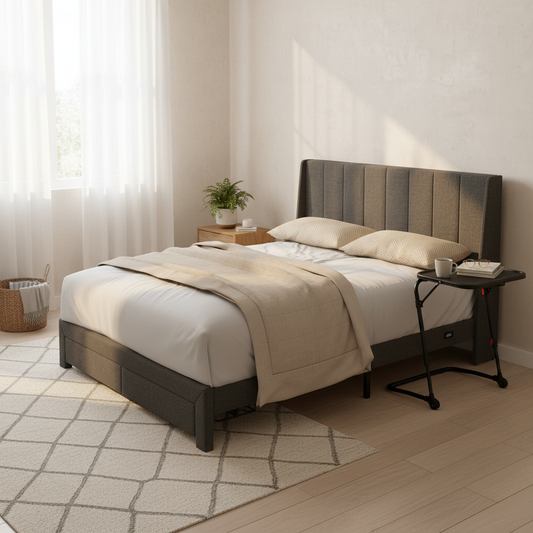 Summit Queen Bed and Baseline Black Folding Tray Table, 2-Piece Bedroom Comfort Bundle, Grey