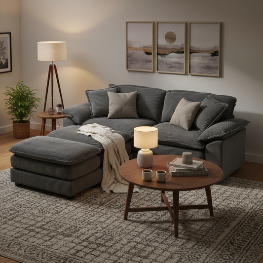 Everett Modular Sofa Set with Ottomans, Grey Corduroy