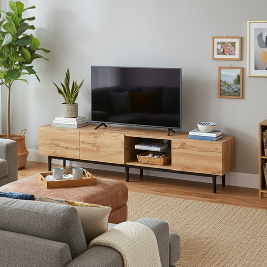 Hollin Modern TV Stand with LED Lighting, Brown Wood-Look