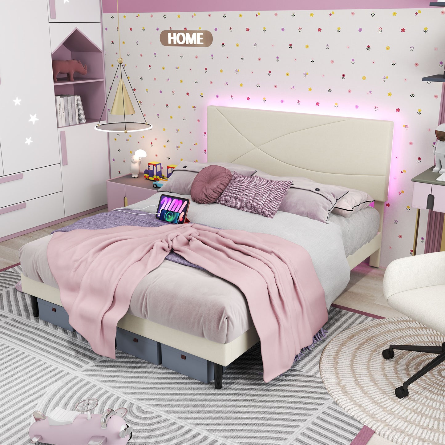 Foothill queen upholstered platform bed in beige with LED headboard and USB ports – Homy Casa. Styled in a contemporary bedroom.