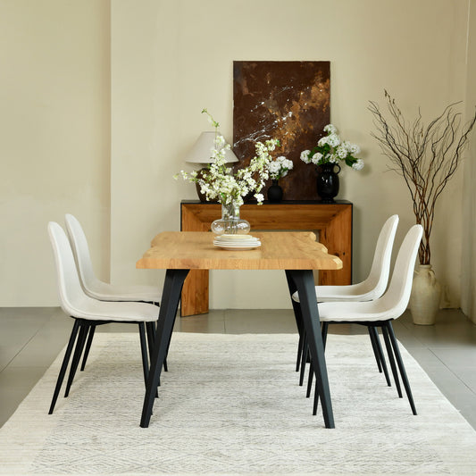 Lancelot Oak-Color Dining Set, 5-Piece with Charlton Barrel Beige Chairs