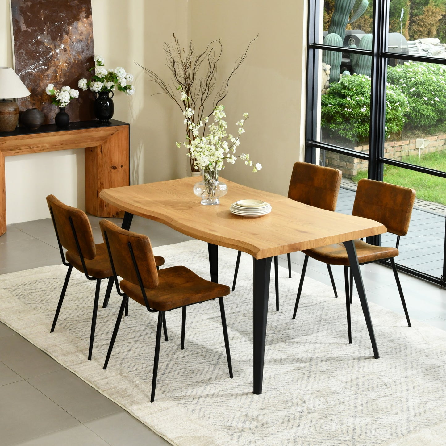 Lancelot Wooden Dining Table Set with Pomona Side Chairs, 5-Piece Set, Brown Faux Suede