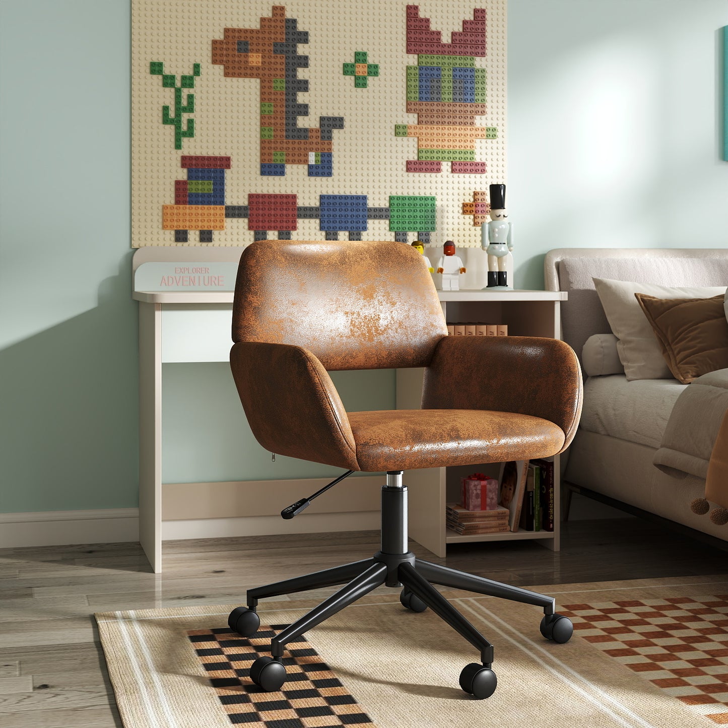 Slip Glass Desk with Ross Swivel Task Chair, 2-Piece Home Office Bundle, Brown Faux Suede