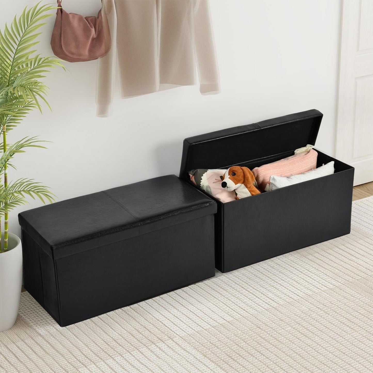 Eli Faux Leather Folding Storage Ottomans, Set of 2, Black