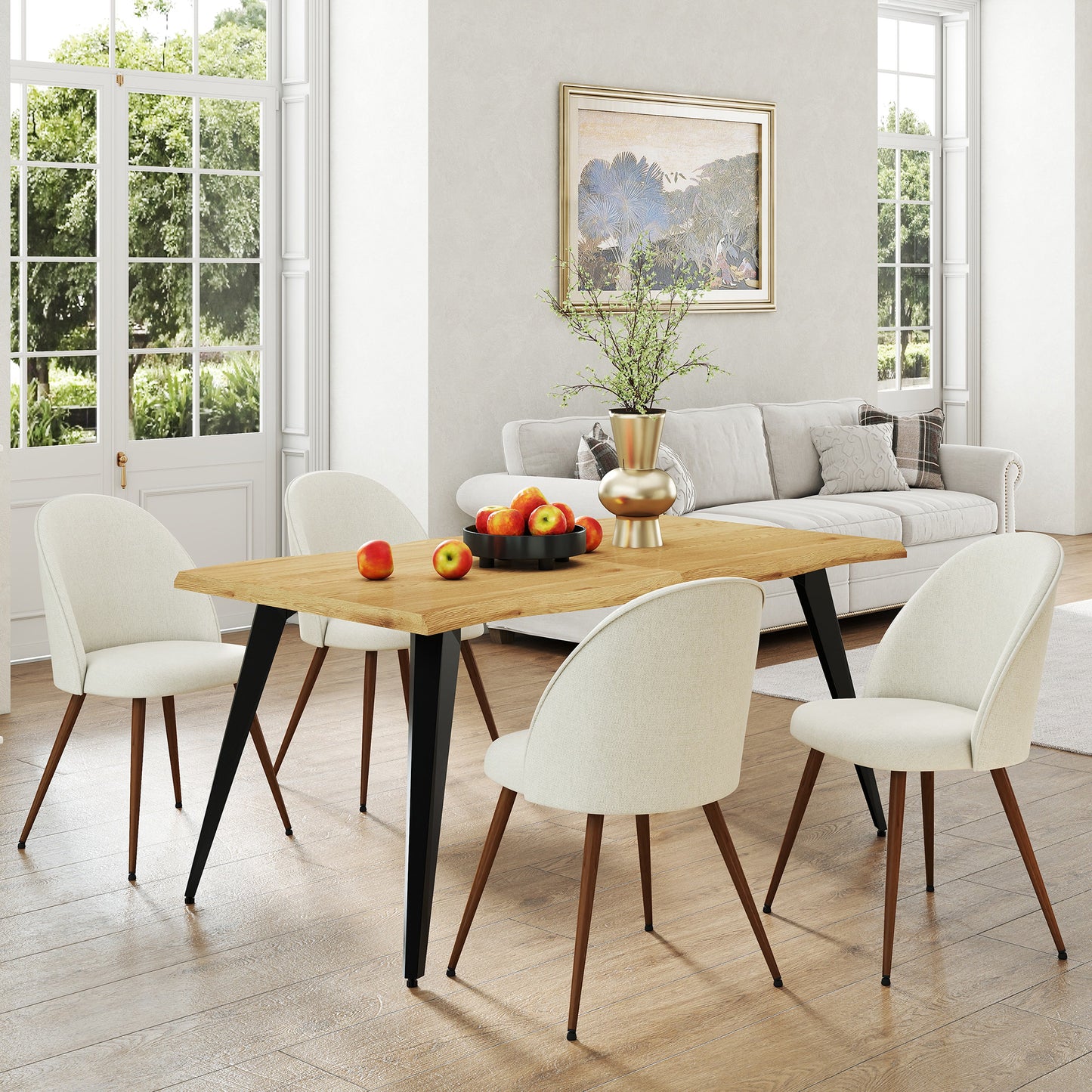 Lancelot Oak-Color Dining Set, 5-Piece with Haven Beige Fabric Chairs