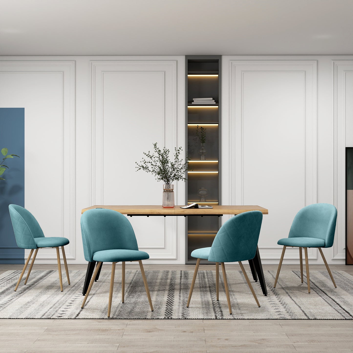 Lancelot Wooden Dining Table Set with Puzzle Side Chairs, 5-Piece Set, Aloe Blue Fabric