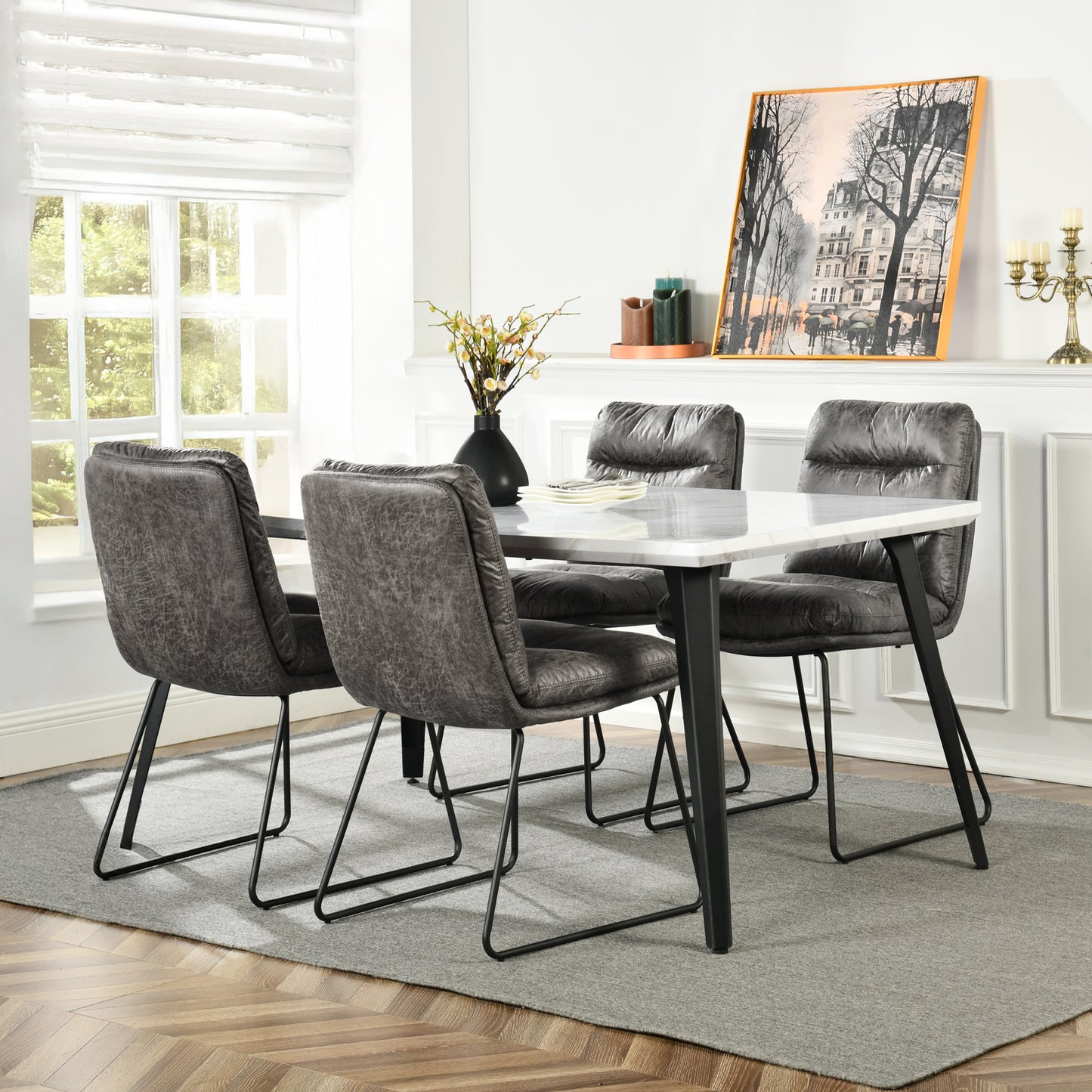 Stan Marble-Look Dining Table with Steffen Faux Leather Chairs, 5-Piece Set, Grey