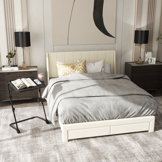 Summit Queen Bed and Baseline Black Folding Tray Table, 2-Piece Bedroom Comfort Bundle, Beige