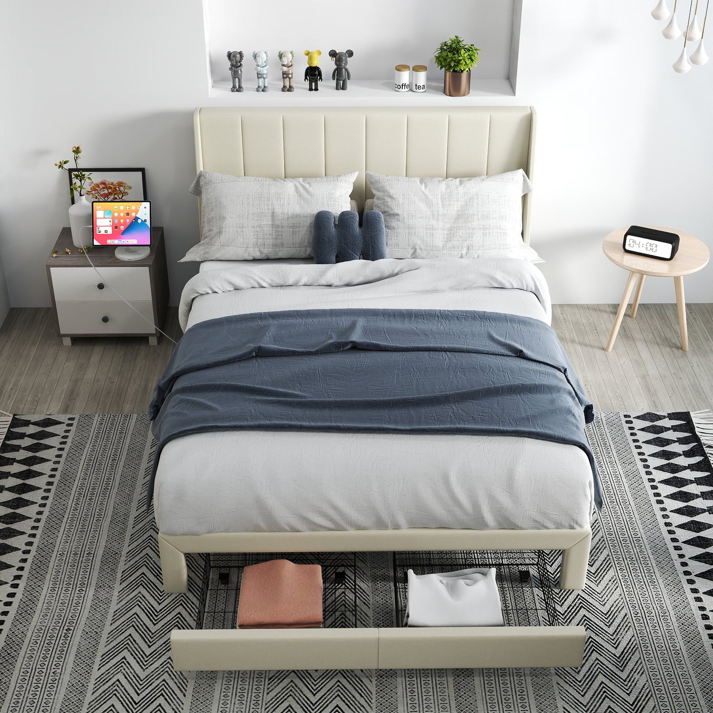 Summit Upholstered Storage Bed Frame with USB Charging, Queen, Beige