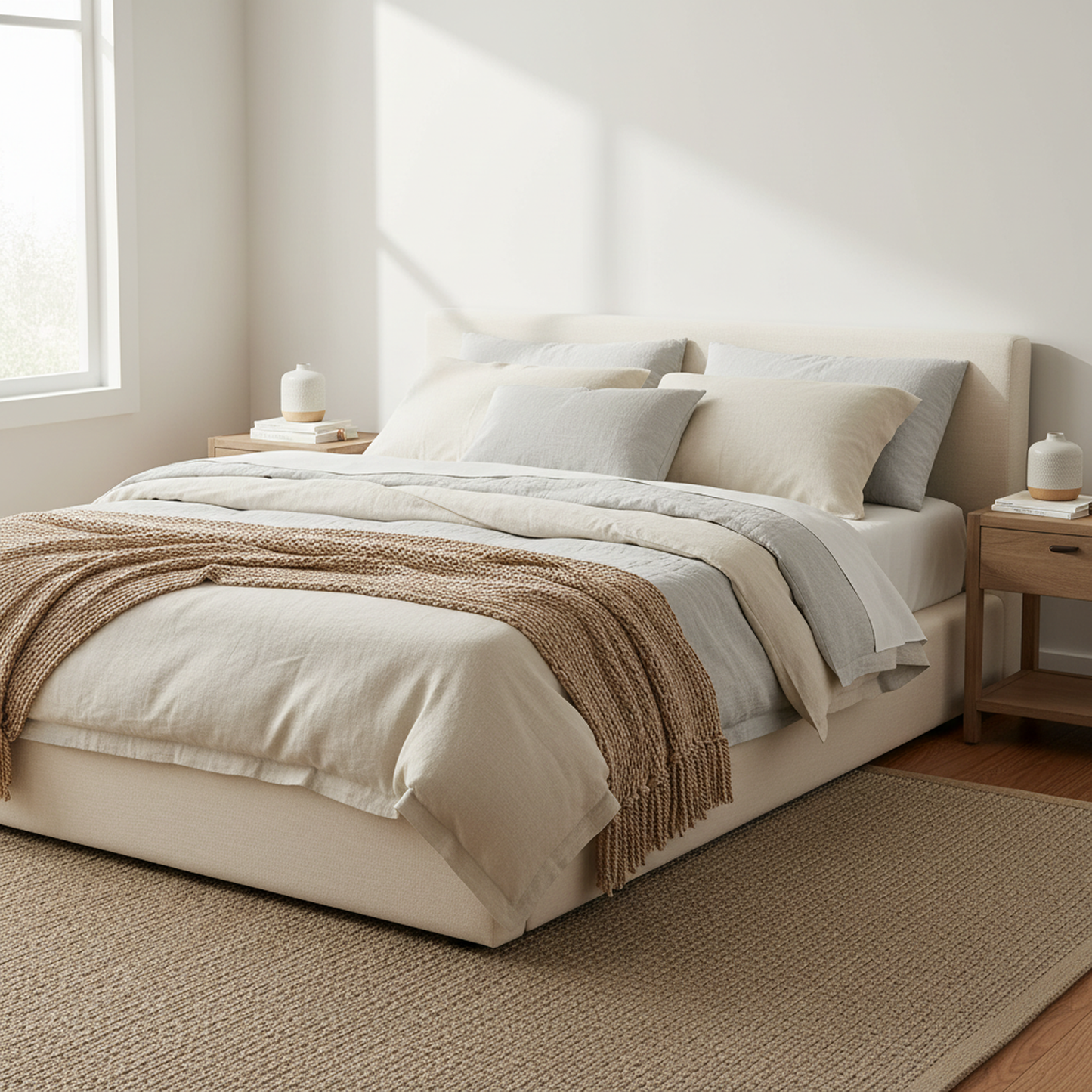 Porter Linen-Look Upholstered Platform Bed, King, Beige