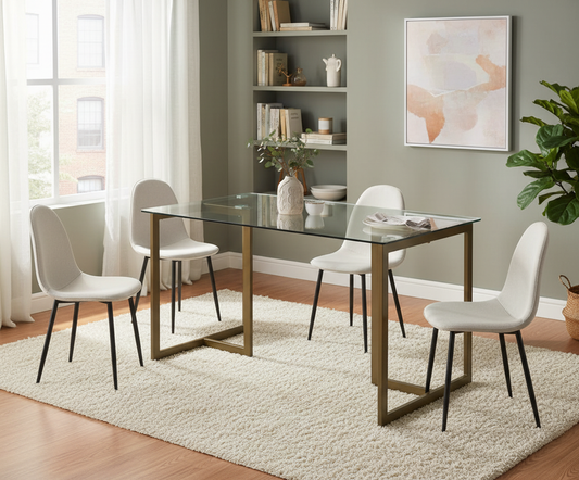 Slip Modern Glass Dining Table Set with Charlton Side Chairs, 5-Piece Set, Khaki