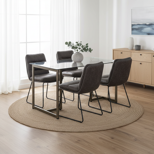 Slip Glass Dining Table Set with Steffen Side Chairs, 5-Piece Set, Faux Leather Grey