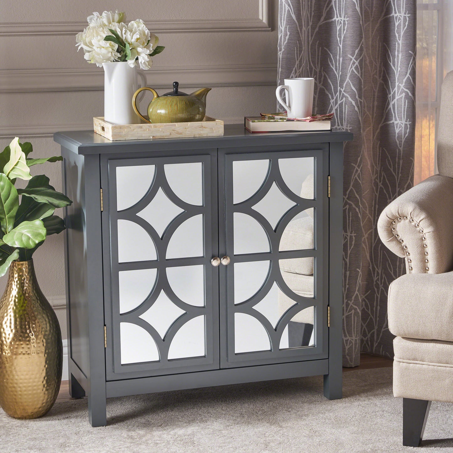Willowcrest Mirrored Accent Cabinet, 31.5", Charcoal Grey