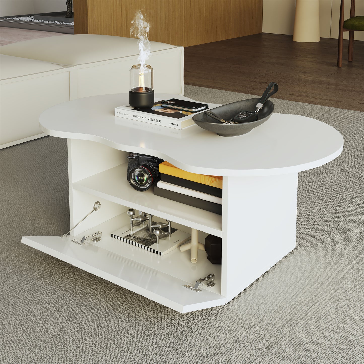 Aura Modern Coffee Table, Organic Curved Silhouette with Storage, White