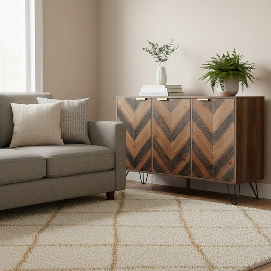 Arden Chevron Wood-Pattern 3-Door Sideboard with Adjustable Shelves, Natural