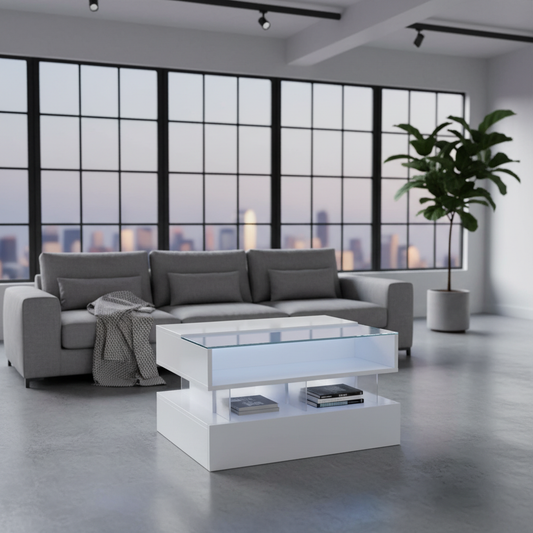 Evalo High-Gloss LED Lift-Top Coffee Table with Drawer Storage, White