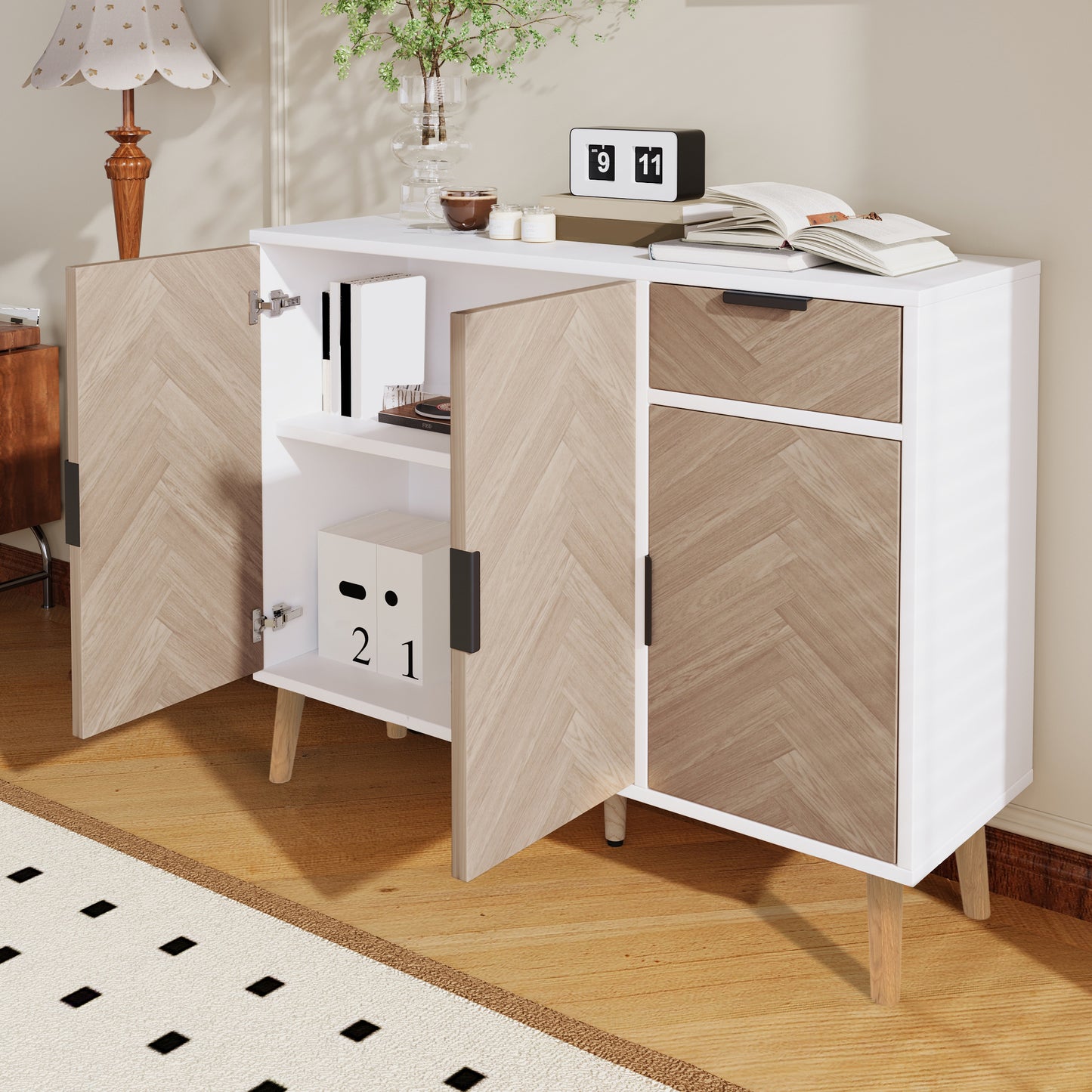 Ashbury Chevron Storage Cabinet, 35.5", White with Wooden Doors