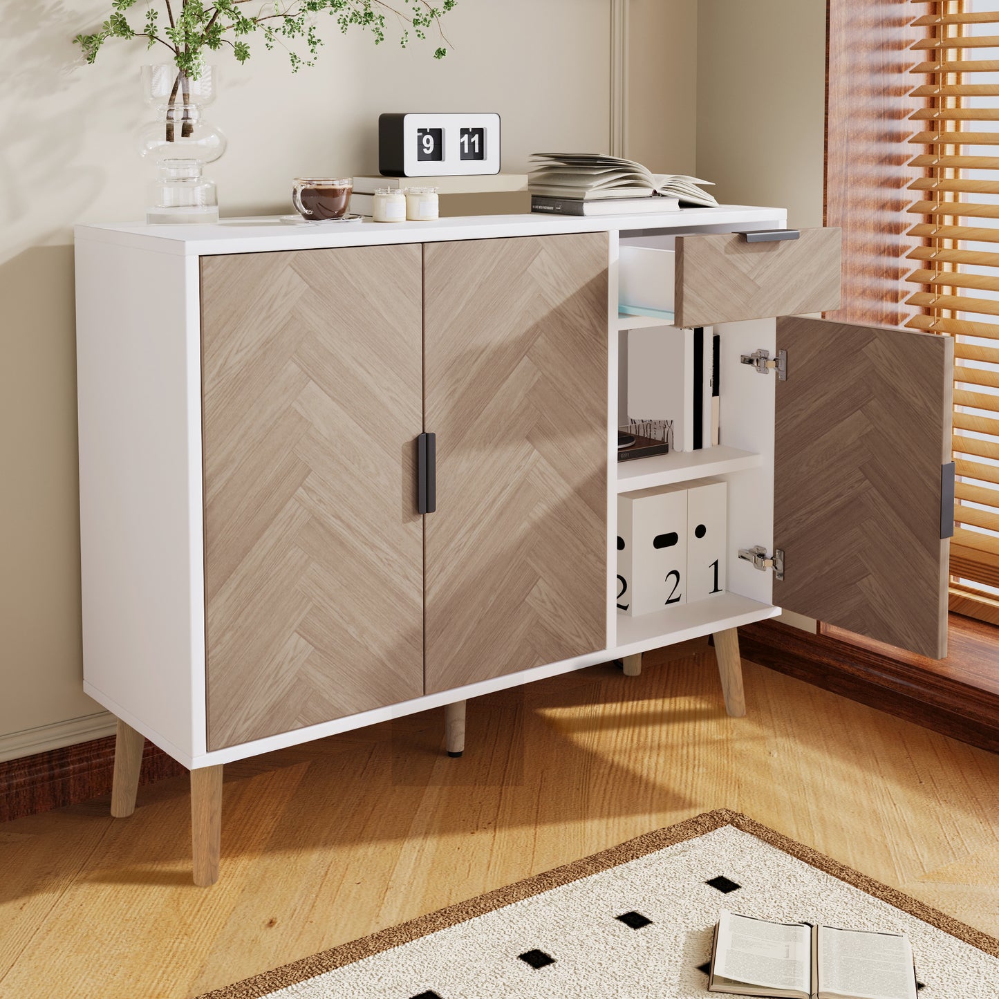 Ashbury Chevron Storage Cabinet, 35.5", White with Wooden Doors