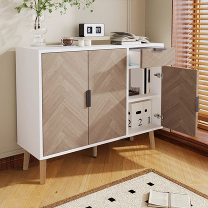 Ashbury Chevron Storage Cabinet, 35.5", White with Wooden Doors