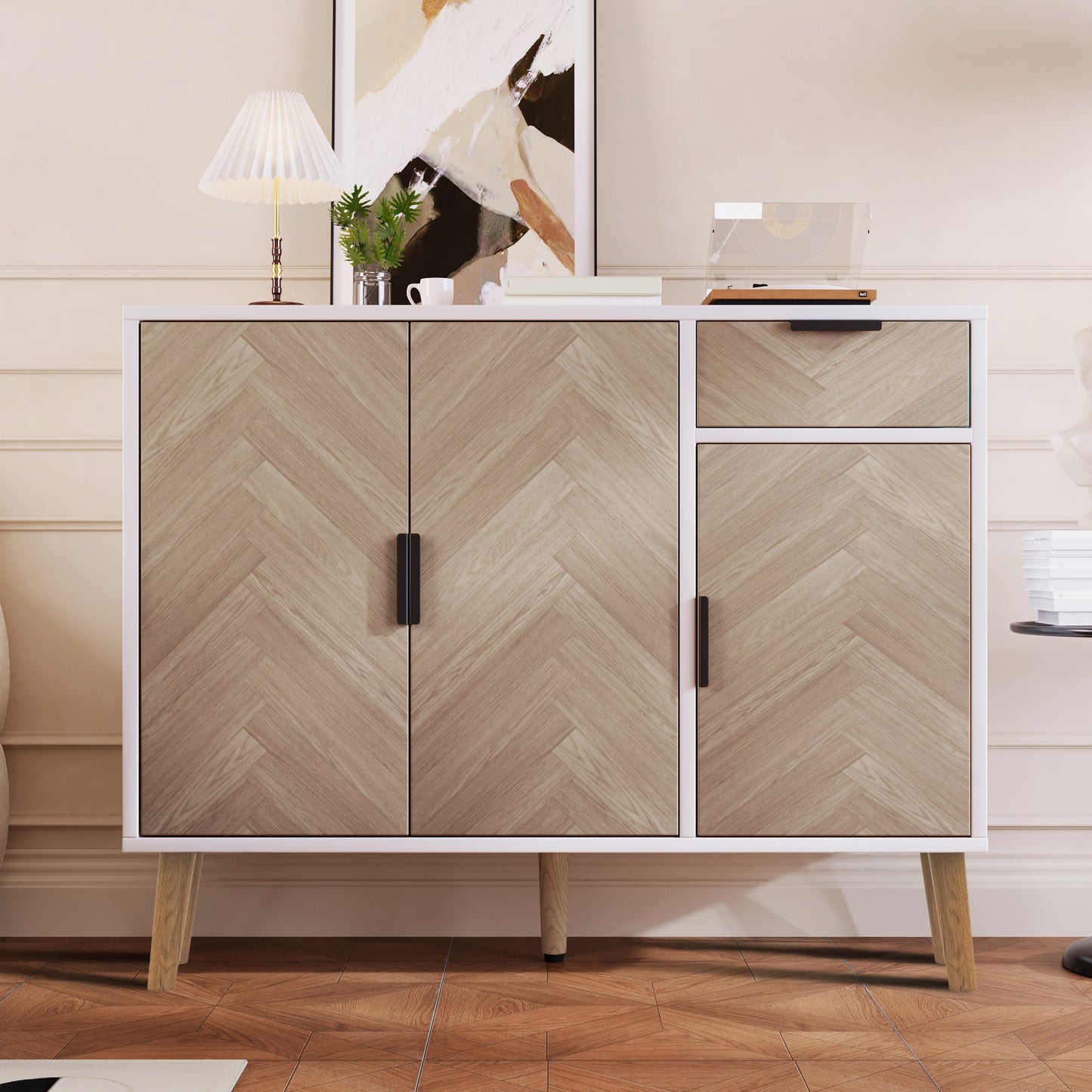 Ashbury Chevron Storage Cabinet, 35.5", White with Wooden Doors