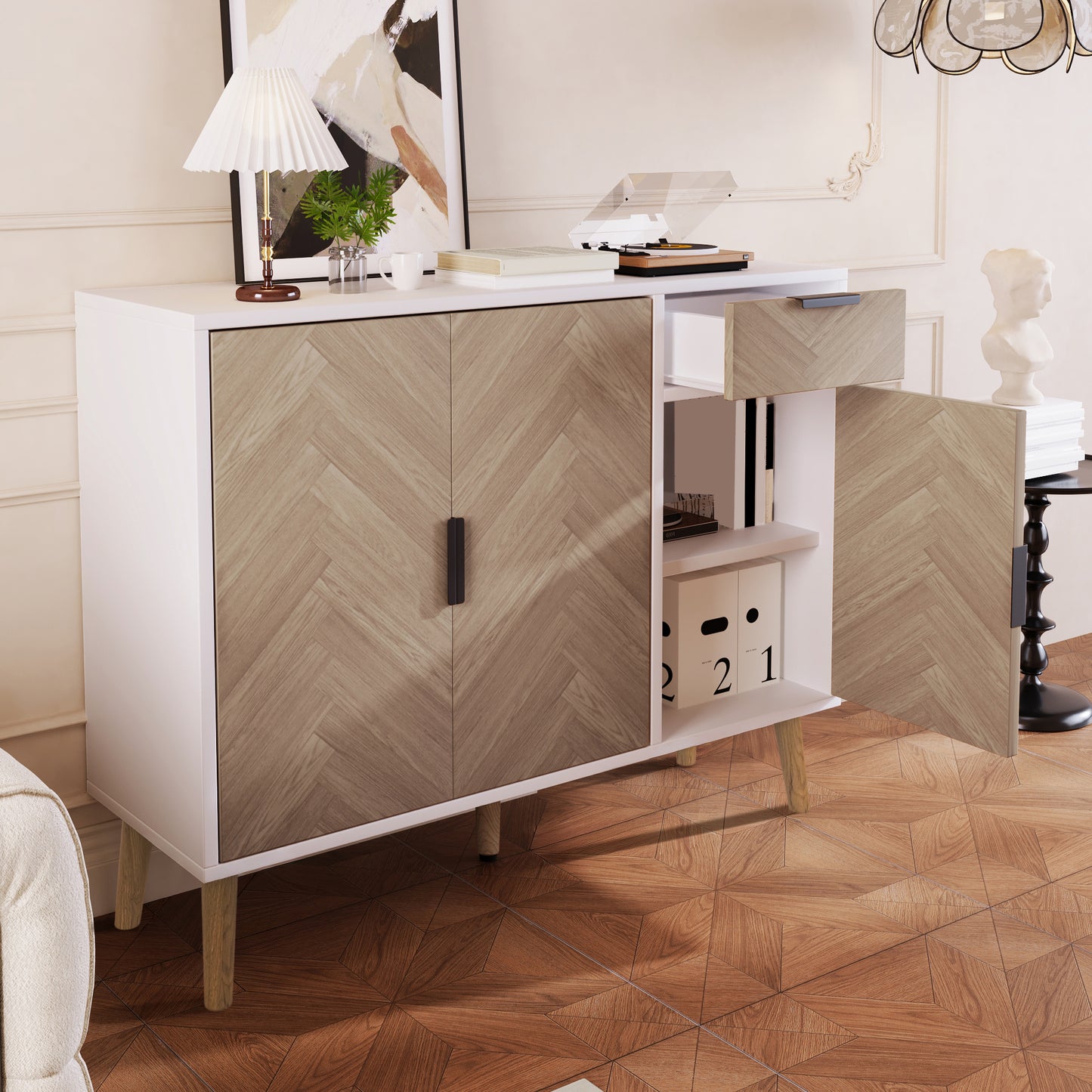 Ashbury Chevron Storage Cabinet, 35.5", White with Wooden Doors