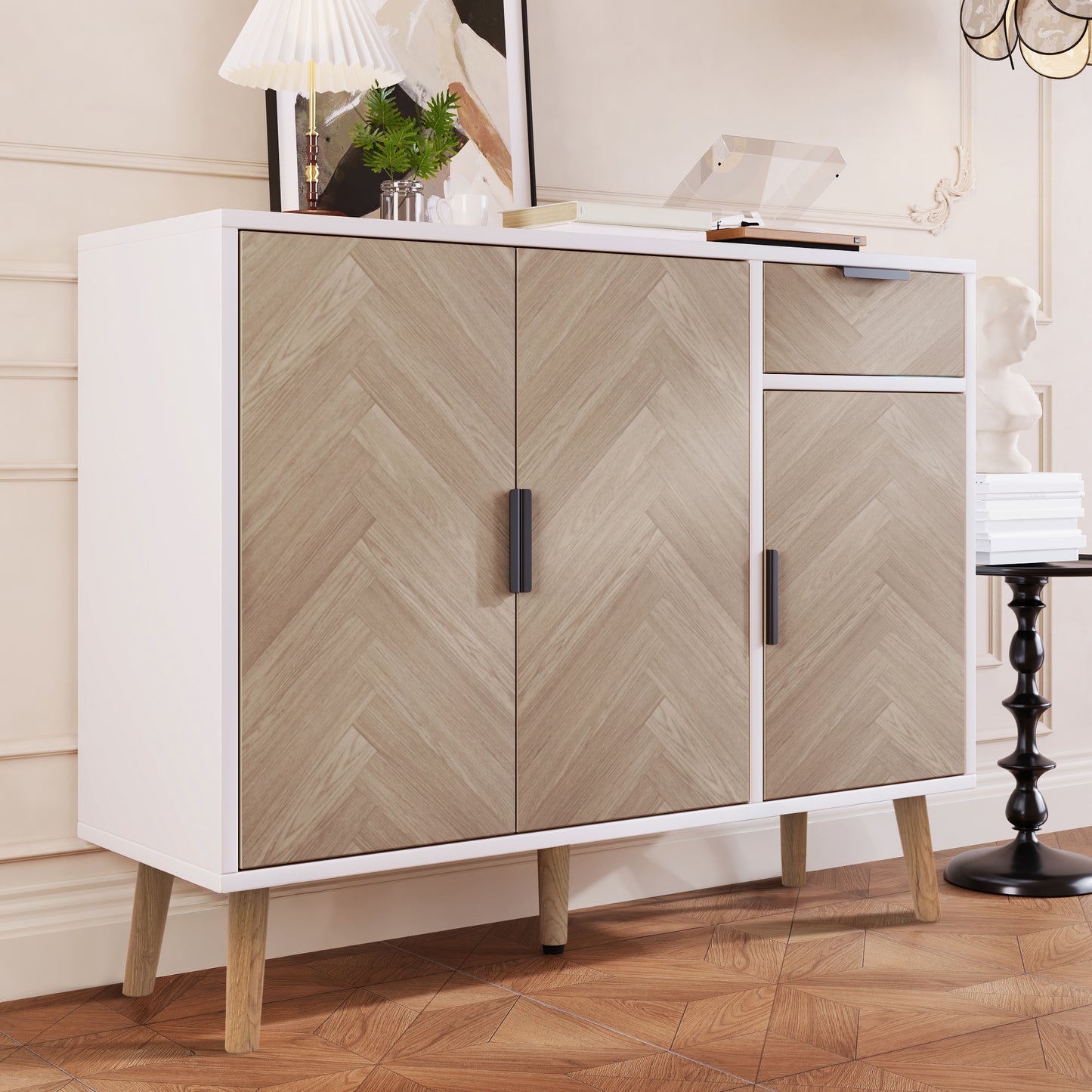 Ashbury Chevron Storage Cabinet, 35.5", White with Wooden Doors