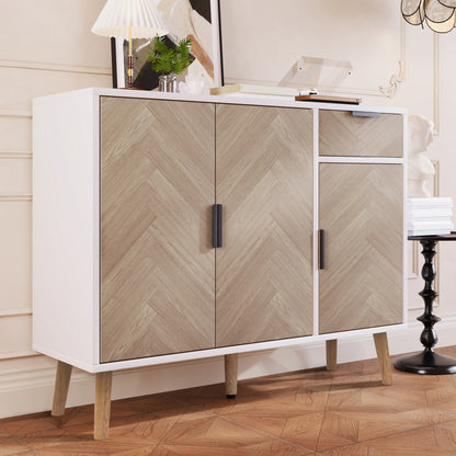 Ashbury Chevron Storage Cabinet, 35.5", White with Wooden Doors