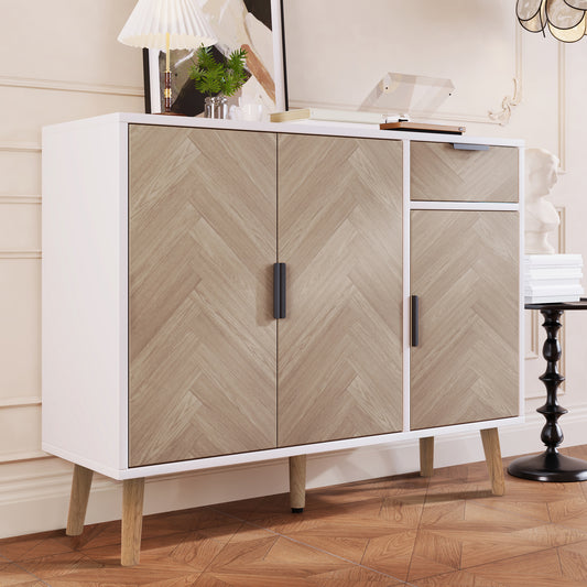 Ashbury Chevron Storage Cabinet, 35.5", White with Wooden Doors