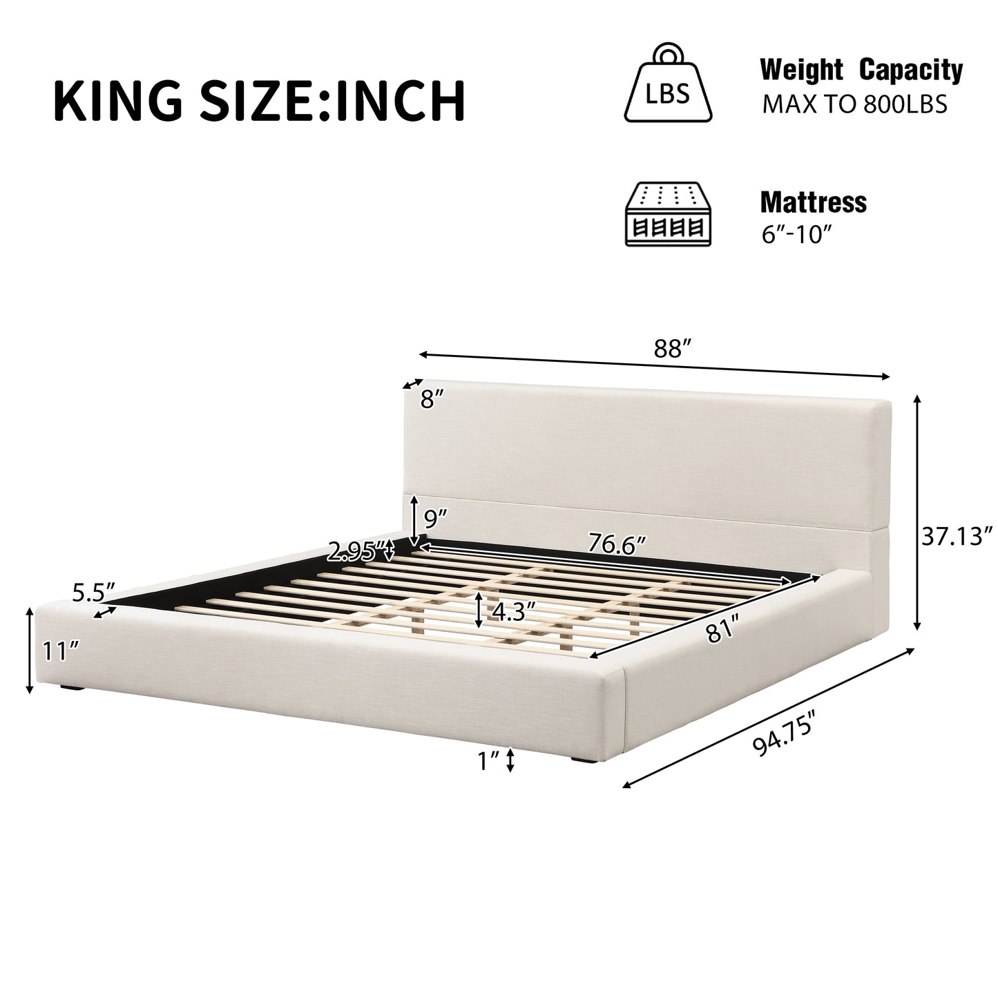 Porter Linen-Look Upholstered Platform Bed, King, Beige