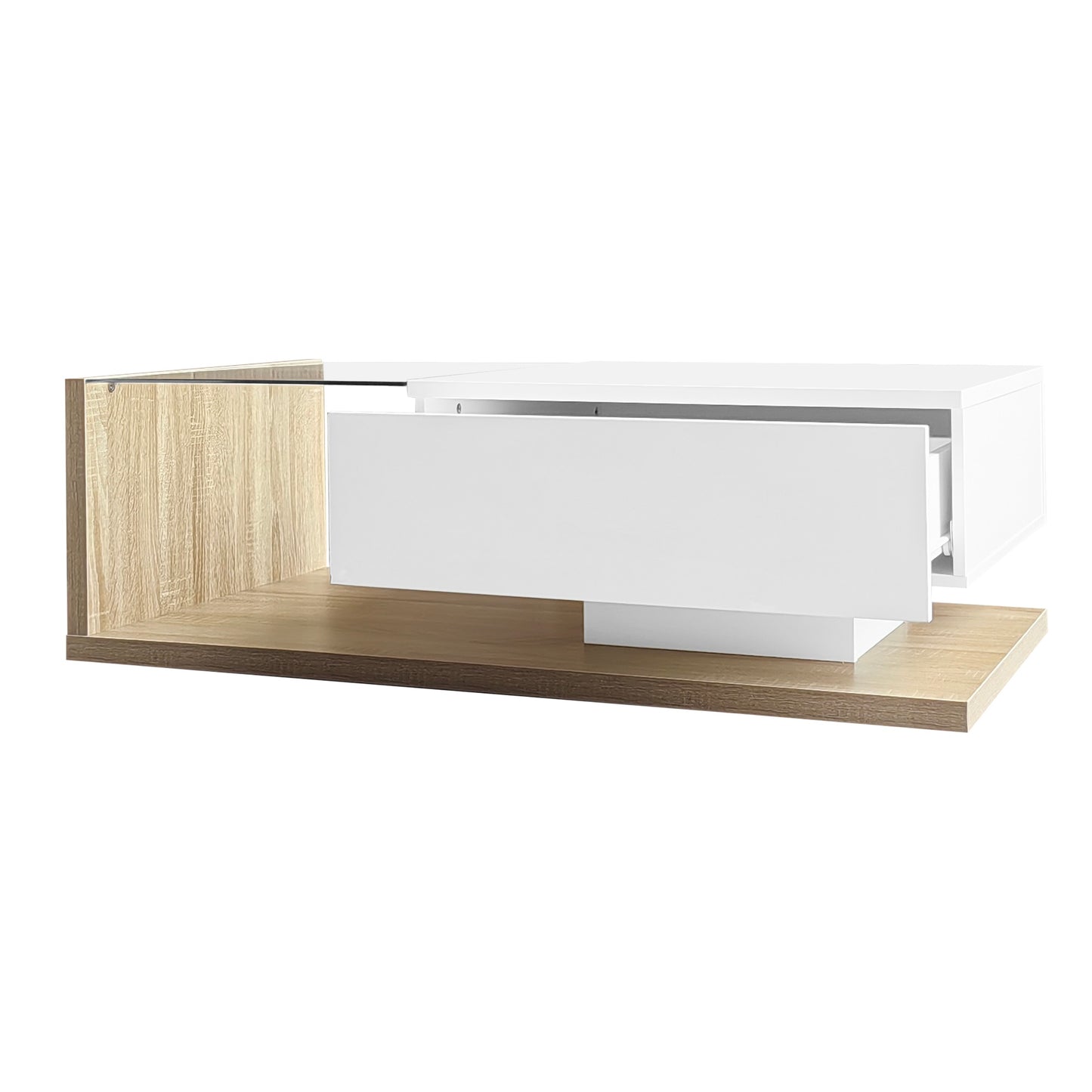 Cavara High-Gloss LED Coffee Table with Glass Top and Storage, White & Wood-Grain