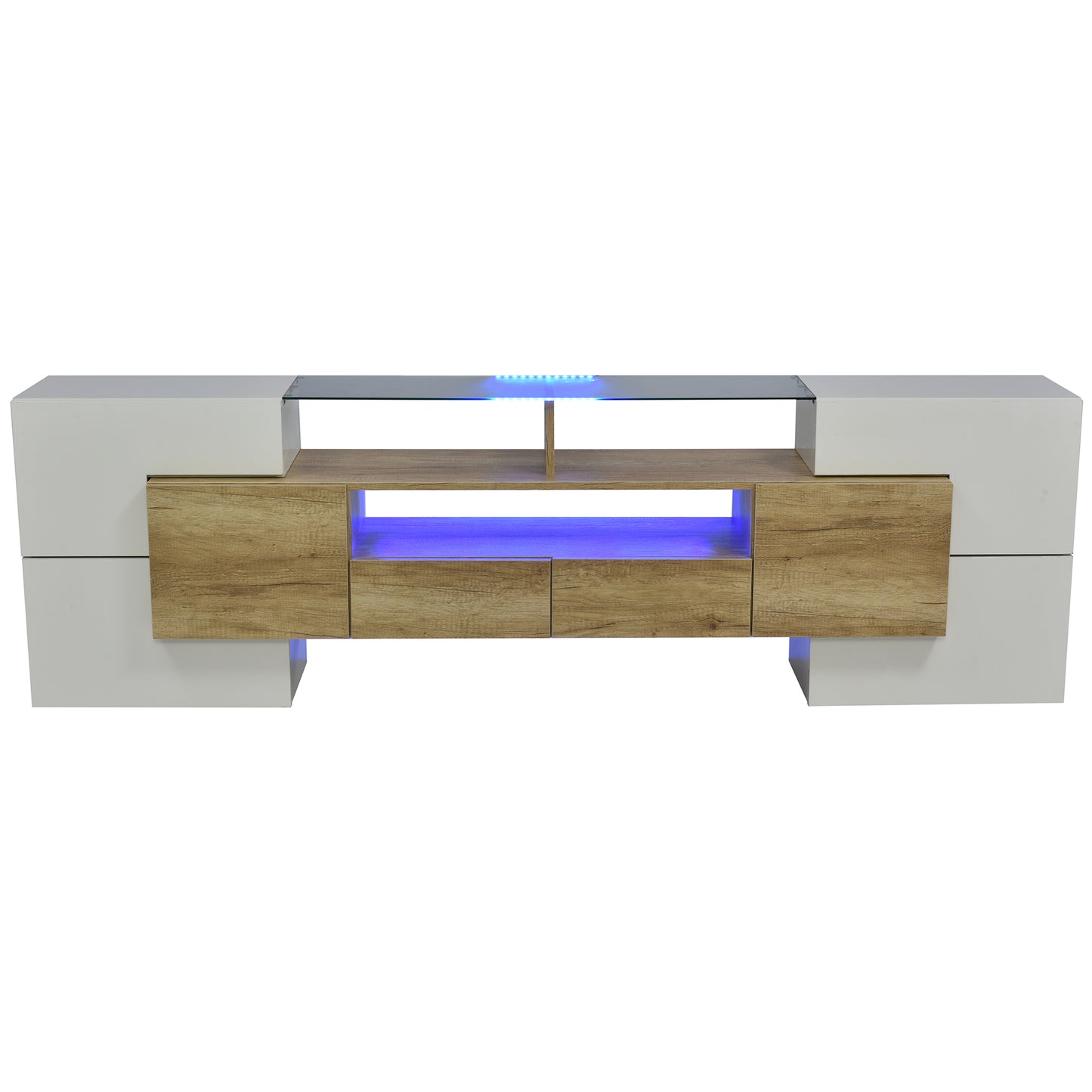 Yorkton TV Stand High-Gloss Modern with LED Lights, 78.7", White and Natural Oak