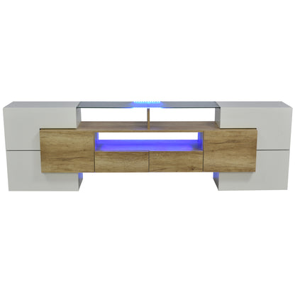 Yorkton TV Stand High-Gloss Modern with LED Lights, 78.7", White and Natural Oak