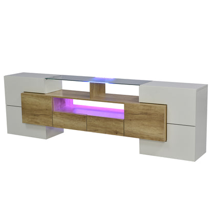 Yorkton TV Stand High-Gloss Modern with LED Lights, 78.7", White and Natural Oak