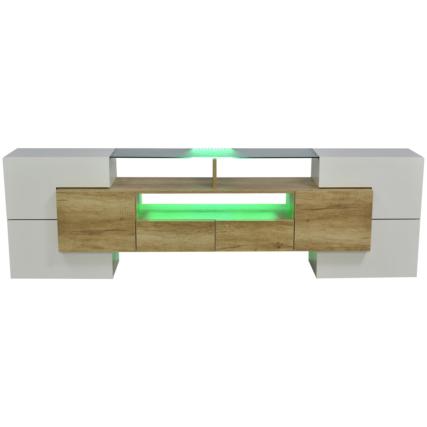 Yorkton TV Stand High-Gloss Modern with LED Lights, 78.7", White and Natural Oak