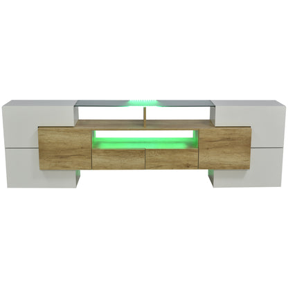 Yorkton TV Stand High-Gloss Modern with LED Lights, 78.7", White and Natural Oak