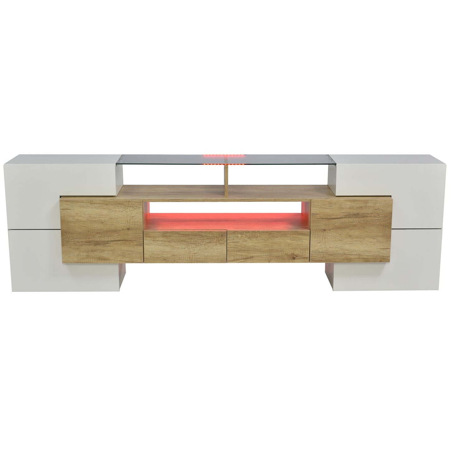 Yorkton TV Stand High-Gloss Modern with LED Lights, 78.7", White and Natural Oak