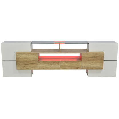 Yorkton TV Stand High-Gloss Modern with LED Lights, 78.7", White and Natural Oak