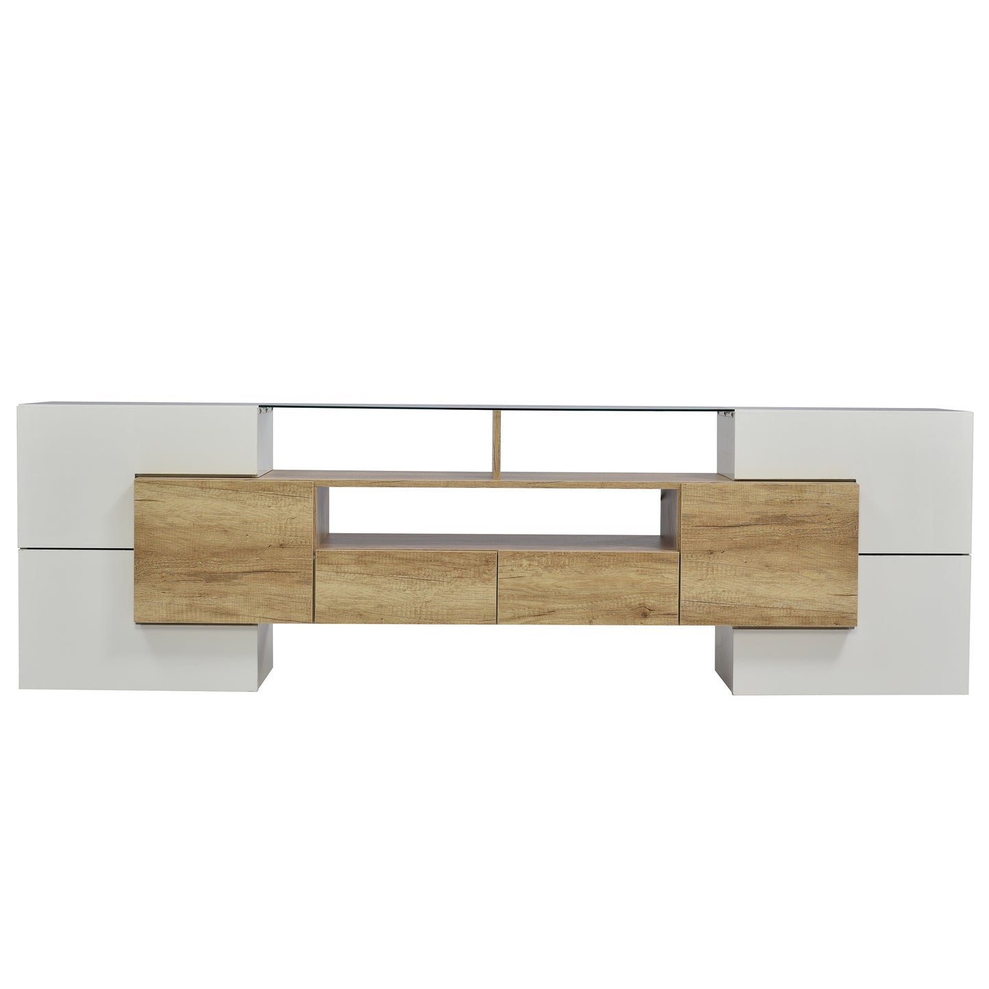 Yorkton TV Stand High-Gloss Modern with LED Lights, 78.7", White and Natural Oak