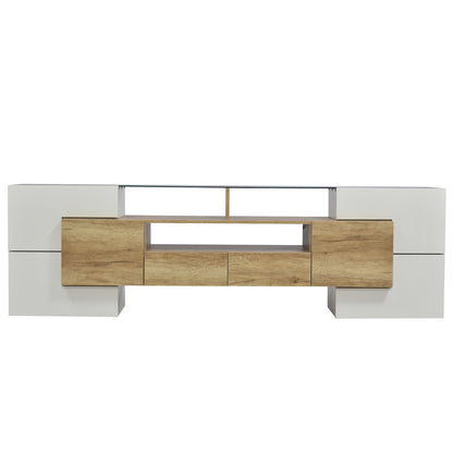 Yorkton TV Stand High-Gloss Modern with LED Lights, 78.7", White and Natural Oak
