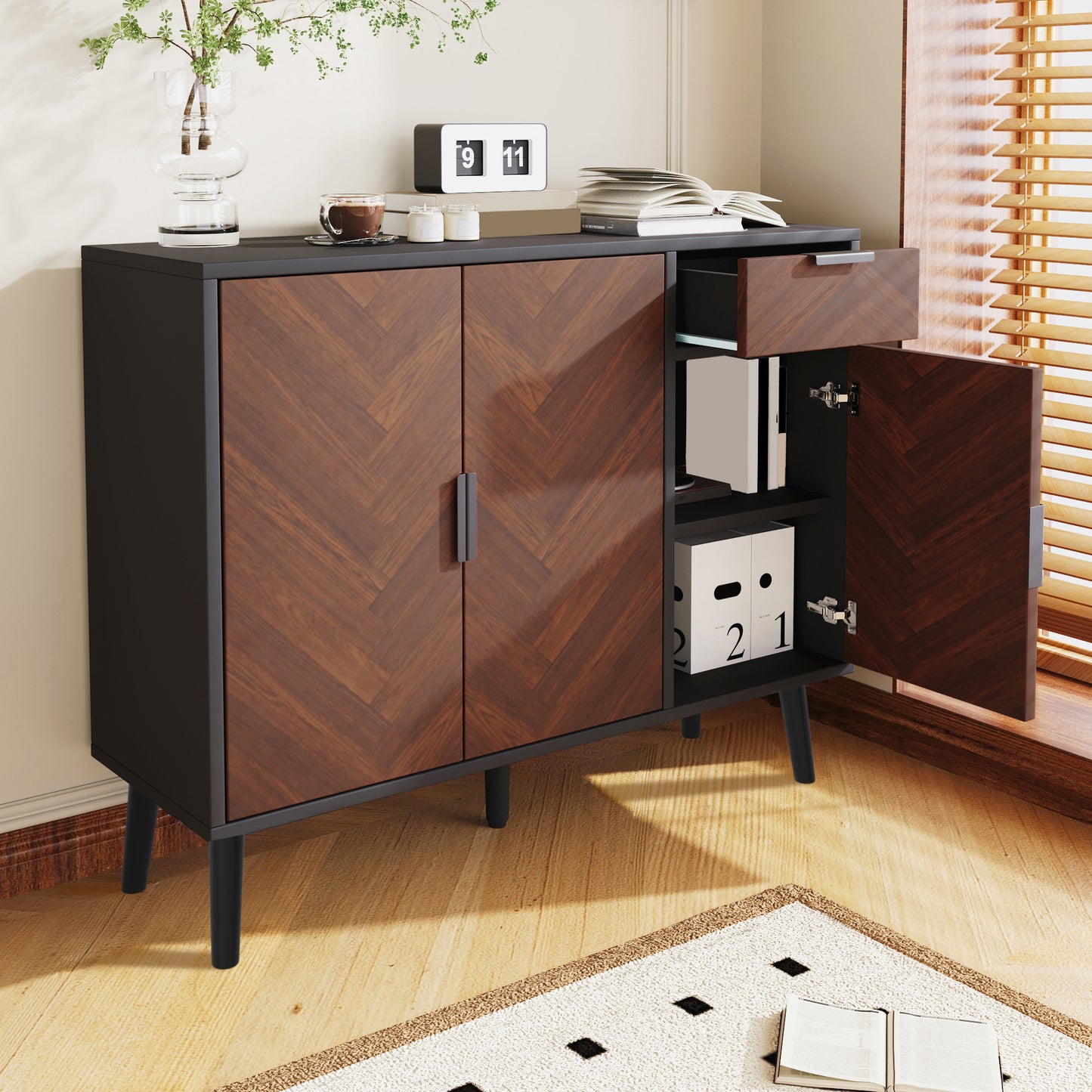 Ashbury Chevron Storage Cabinet, 35.5", Black with Wooden Doors